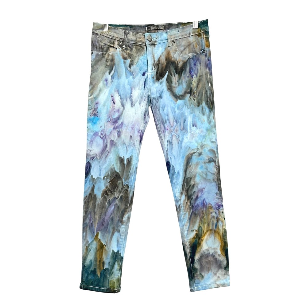 Free People Watercolor Tie Dye Skinny Jeans Blue Purple Boho Artistic Size 27